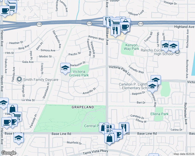 map of restaurants, bars, coffee shops, grocery stores, and more near 6862 Shelton Court in Rancho Cucamonga