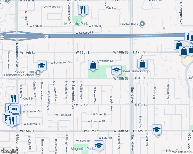 map of restaurants, bars, coffee shops, grocery stores, and more near 1817 North Redding Way in Upland