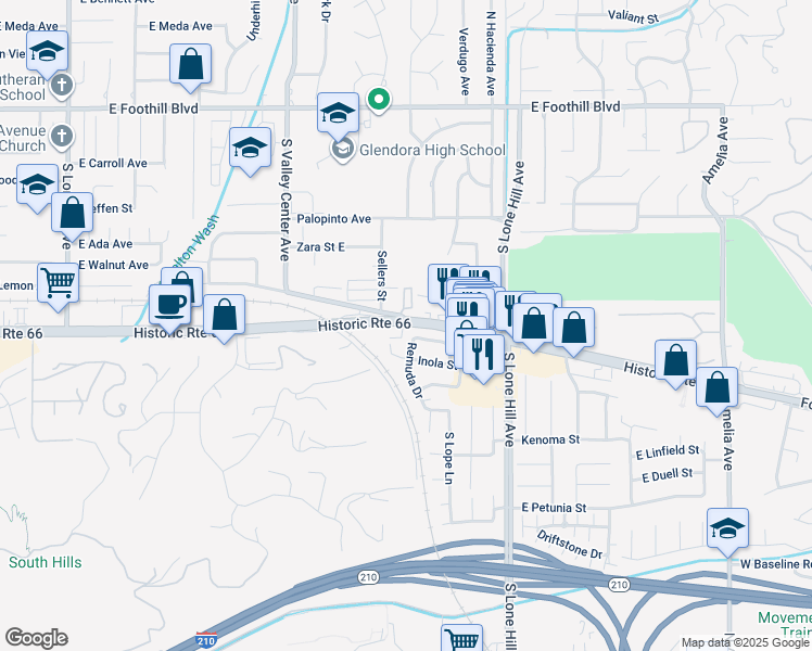 map of restaurants, bars, coffee shops, grocery stores, and more near 1751 East Route 66 in Glendora