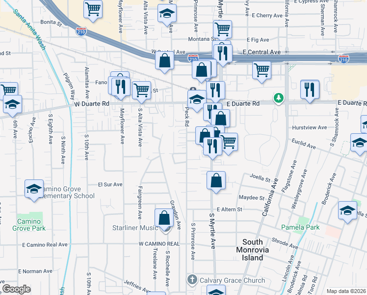 map of restaurants, bars, coffee shops, grocery stores, and more near 111 Spanner Street in Monrovia