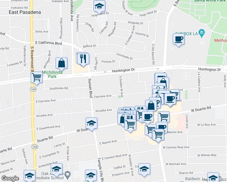 map of restaurants, bars, coffee shops, grocery stores, and more near 922 West Huntington Drive in Arcadia