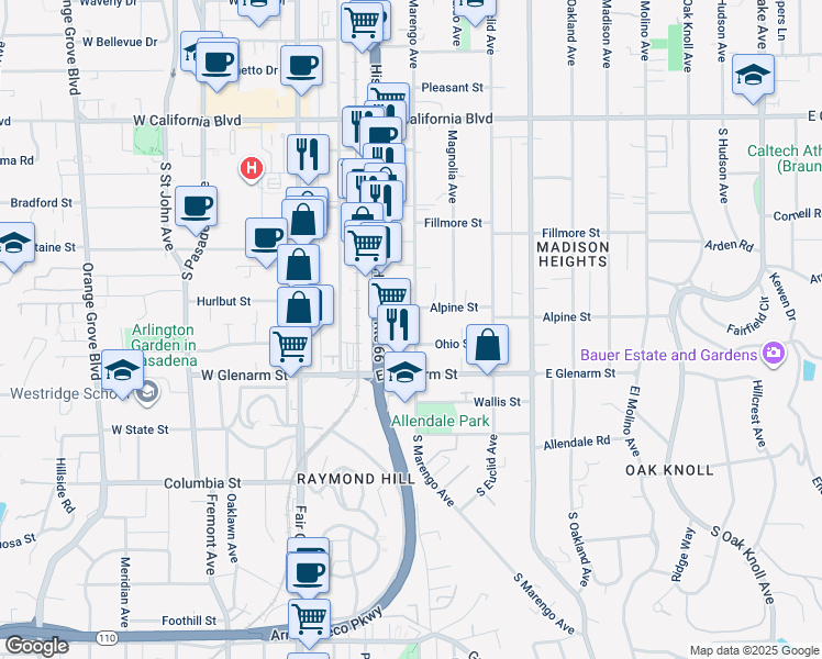 map of restaurants, bars, coffee shops, grocery stores, and more near 945 South Marengo Avenue in Pasadena