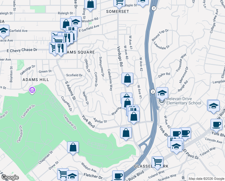 map of restaurants, bars, coffee shops, grocery stores, and more near 4320 Caledonia Way in Los Angeles