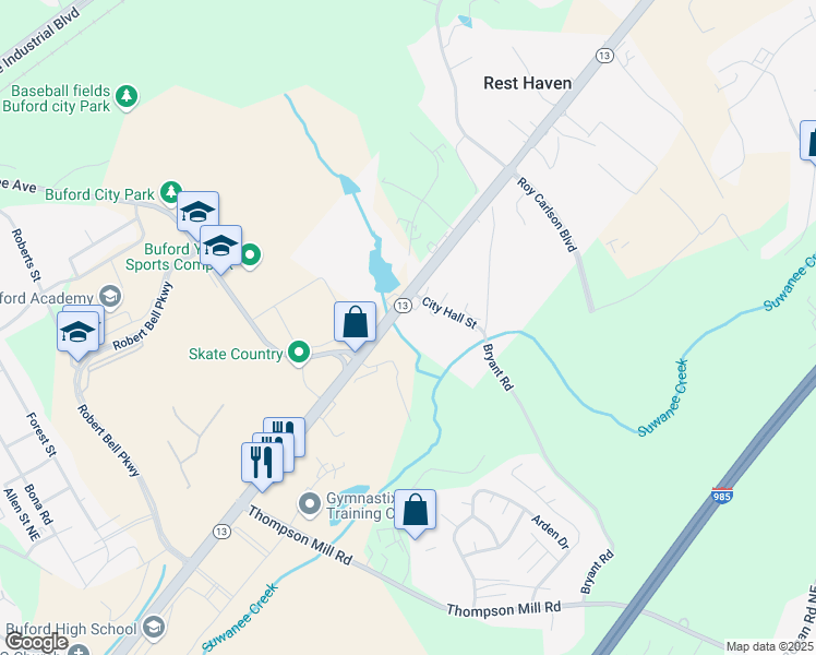 map of restaurants, bars, coffee shops, grocery stores, and more near 0 Buford Highway in Suwanee