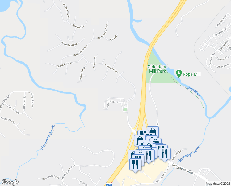 map of restaurants, bars, coffee shops, grocery stores, and more near 109 Gainesway Drive in Woodstock