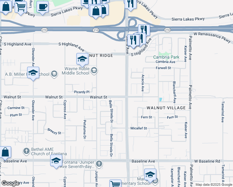 map of restaurants, bars, coffee shops, grocery stores, and more near Walnut Avenue in Fontana