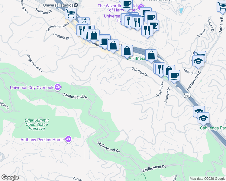 map of restaurants, bars, coffee shops, grocery stores, and more near 3307 Bonnie Hill Drive in Los Angeles