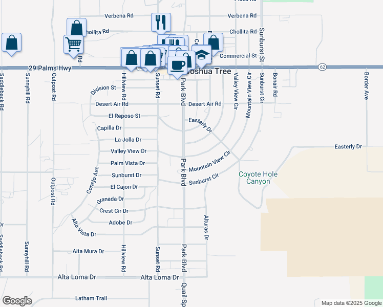 map of restaurants, bars, coffee shops, grocery stores, and more near 61827 Grand View Circle in Joshua Tree