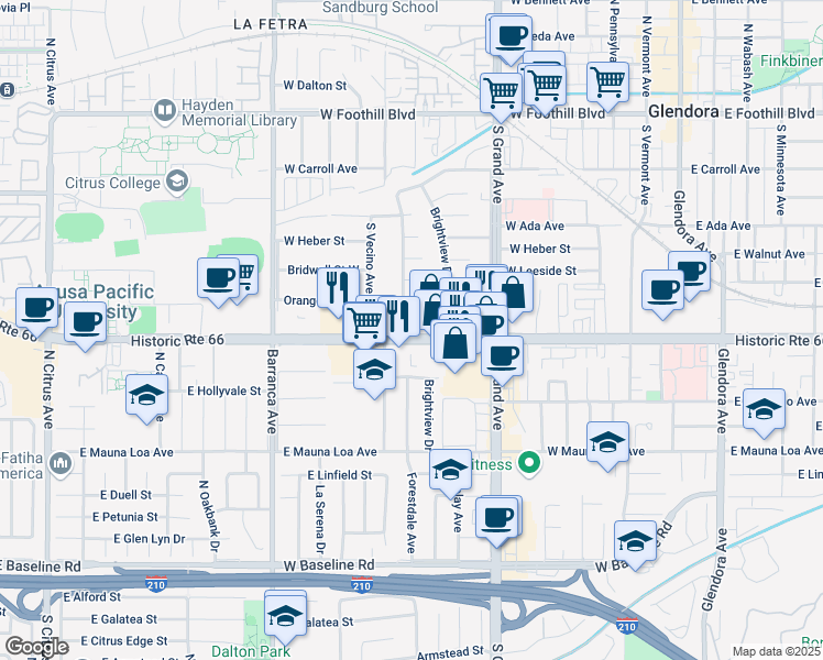 map of restaurants, bars, coffee shops, grocery stores, and more near 641 West Route 66 in Glendora