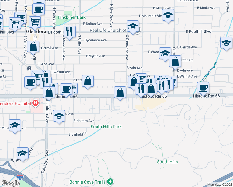 map of restaurants, bars, coffee shops, grocery stores, and more near 723 East Route 66 in Glendora