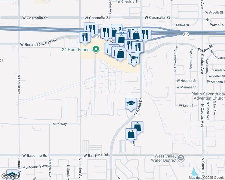 map of restaurants, bars, coffee shops, grocery stores, and more near 1216 Yeager Avenue in Rialto