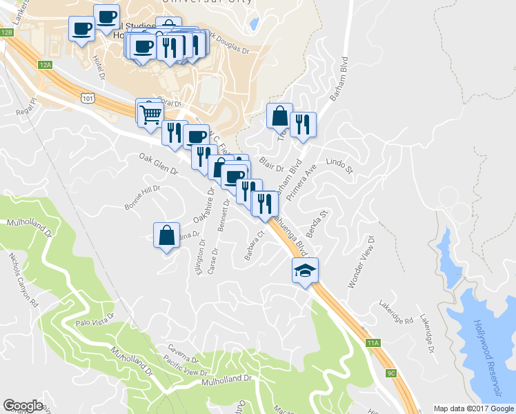 map of restaurants, bars, coffee shops, grocery stores, and more near 7135 Hollywood Freeway in Los Angeles