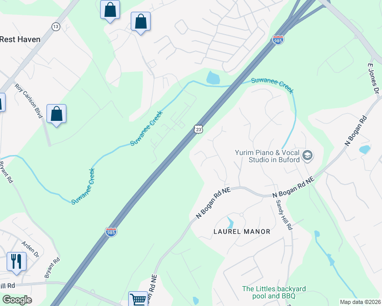 map of restaurants, bars, coffee shops, grocery stores, and more near 4679 Silver Meadow Dr in Buford