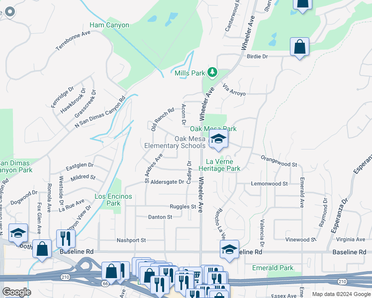 map of restaurants, bars, coffee shops, grocery stores, and more near 5081 Cadley Drive in La Verne