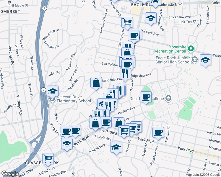map of restaurants, bars, coffee shops, grocery stores, and more near 4592 Ellenwood Drive in Los Angeles
