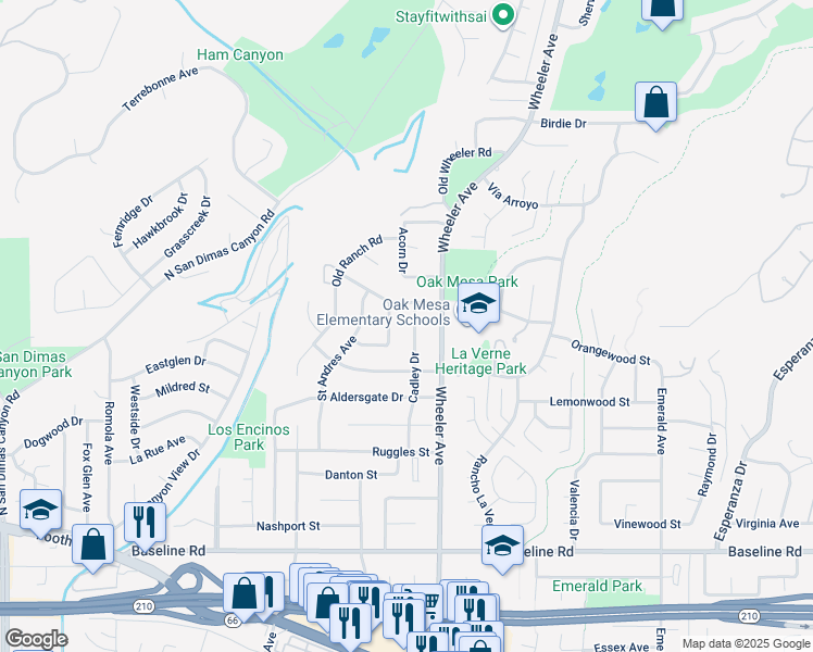 map of restaurants, bars, coffee shops, grocery stores, and more near 5081 Cadley Drive in La Verne