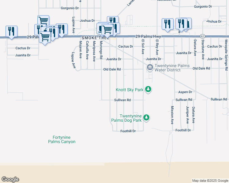 map of restaurants, bars, coffee shops, grocery stores, and more near 6836 Eucalyptus Avenue in Twentynine Palms
