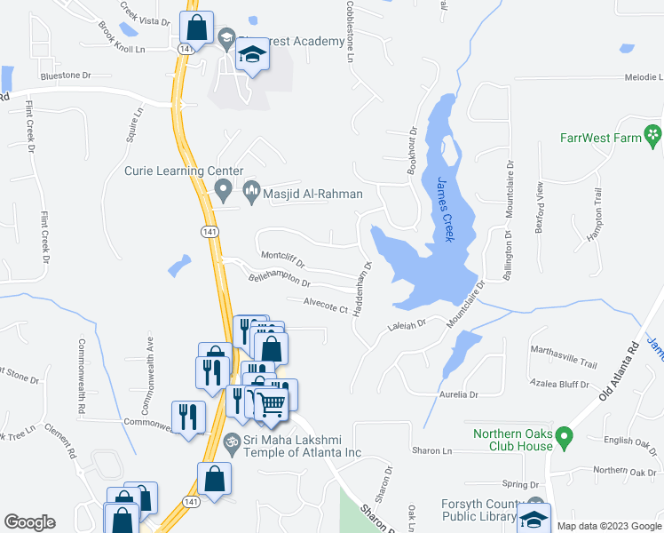 map of restaurants, bars, coffee shops, grocery stores, and more near 1805 Montcliff Drive in Cumming