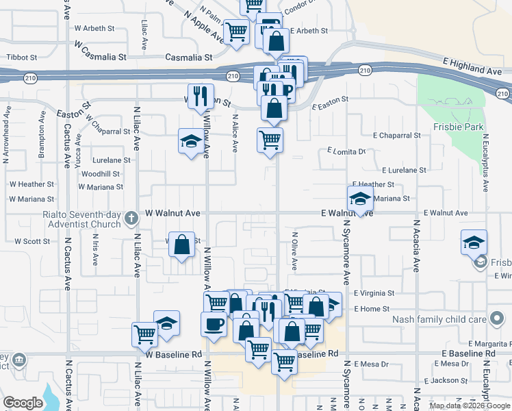 map of restaurants, bars, coffee shops, grocery stores, and more near 156 West Walnut Avenue in Rialto