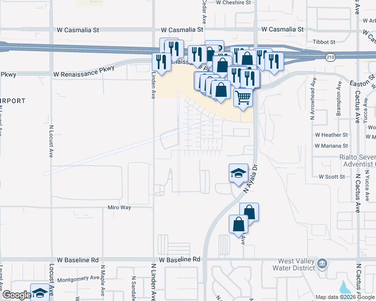 map of restaurants, bars, coffee shops, grocery stores, and more near 1351 Yeager Avenue in Rialto