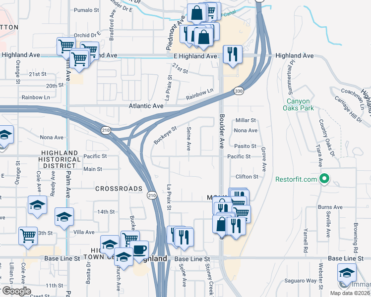 map of restaurants, bars, coffee shops, grocery stores, and more near 1634 Seine Avenue in Highland