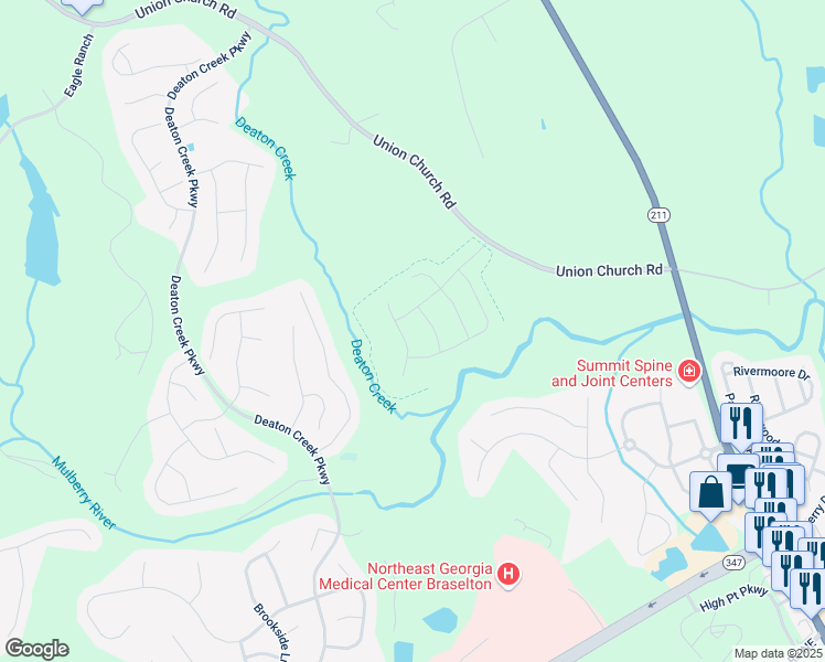map of restaurants, bars, coffee shops, grocery stores, and more near 6047 Hickory Creek Court in Braselton