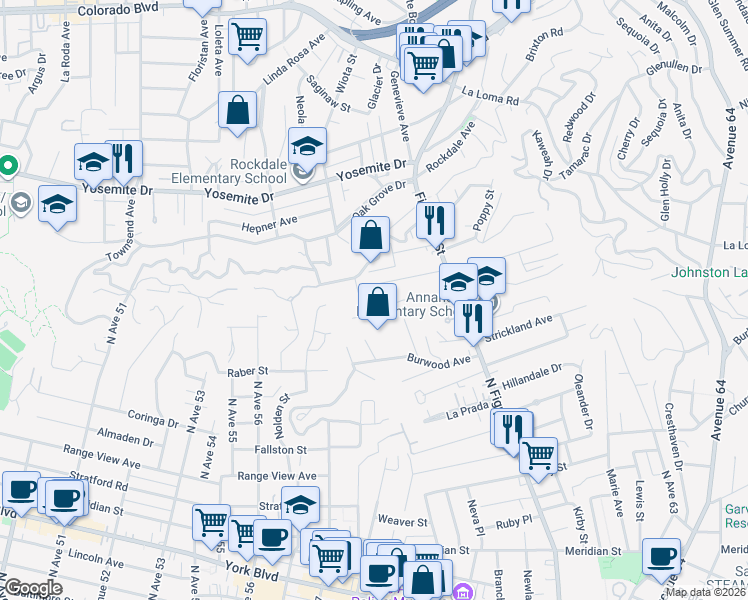 map of restaurants, bars, coffee shops, grocery stores, and more near 815 Annan Terrace in Los Angeles