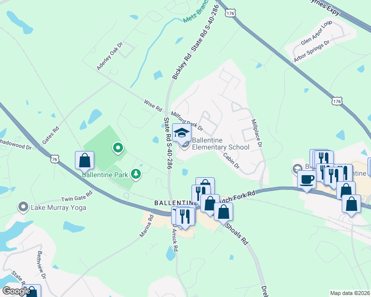 map of restaurants, bars, coffee shops, grocery stores, and more near 1040 Bickley Road in Irmo