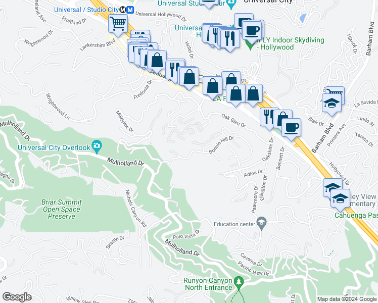 map of restaurants, bars, coffee shops, grocery stores, and more near 3307 Bonnie Hill Drive in Los Angeles