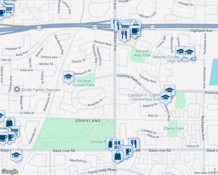 map of restaurants, bars, coffee shops, grocery stores, and more near 6862 Shelton Court in Rancho Cucamonga