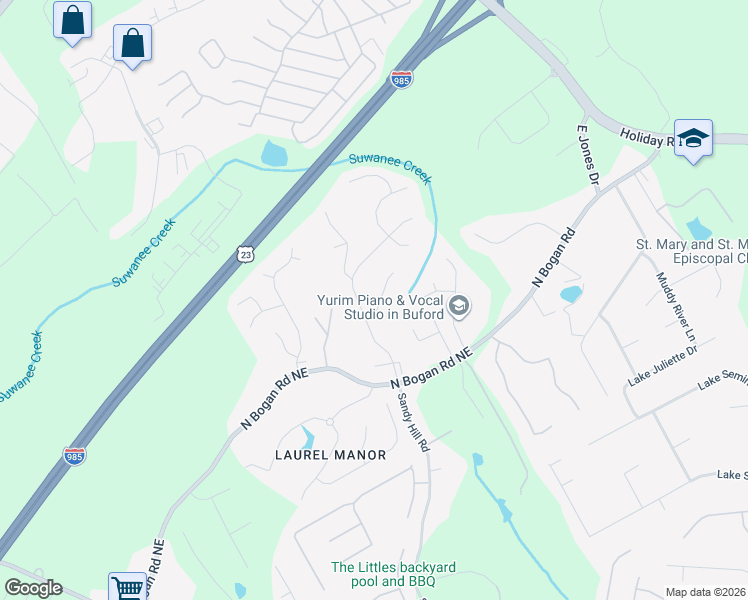 map of restaurants, bars, coffee shops, grocery stores, and more near 3302 Stone Point Way in Buford