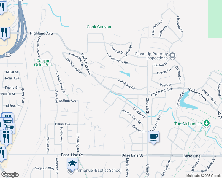 map of restaurants, bars, coffee shops, grocery stores, and more near Gala Street in Highland