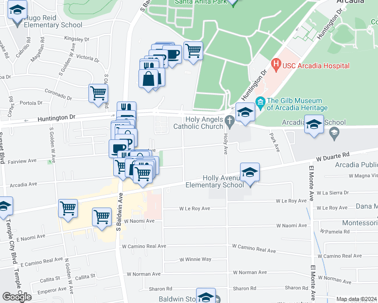 map of restaurants, bars, coffee shops, grocery stores, and more near 470 Fairview Avenue in Arcadia