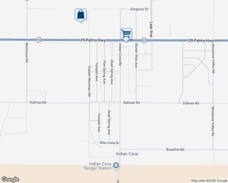 map of restaurants, bars, coffee shops, grocery stores, and more near 6829 Quail Spring Avenue in Twentynine Palms