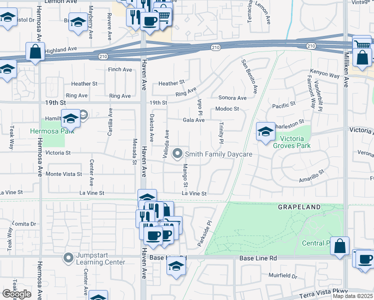 map of restaurants, bars, coffee shops, grocery stores, and more near 10681 Holly Street in Rancho Cucamonga