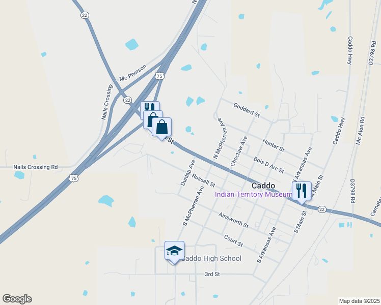 map of restaurants, bars, coffee shops, grocery stores, and more near Buffalo Street in Caddo