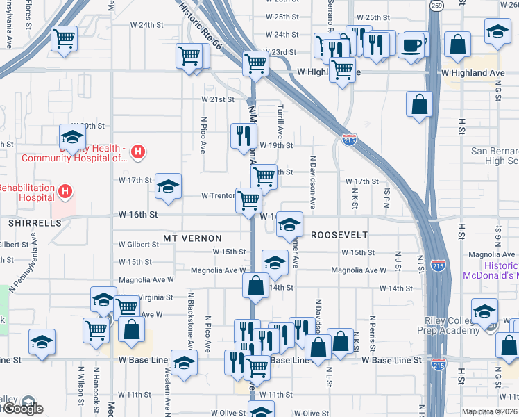 map of restaurants, bars, coffee shops, grocery stores, and more near 1929 North Mount Vernon Avenue in San Bernardino