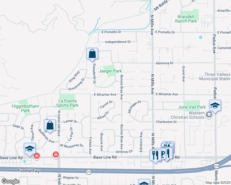map of restaurants, bars, coffee shops, grocery stores, and more near 252 Cerritos Court in Claremont