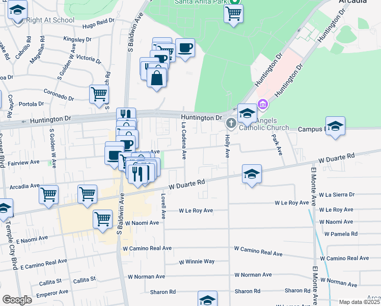 map of restaurants, bars, coffee shops, grocery stores, and more near 470 Fairview Avenue in Arcadia