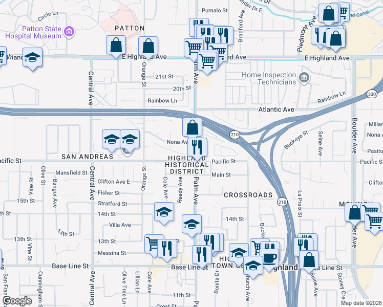 map of restaurants, bars, coffee shops, grocery stores, and more near 1672 Palm Avenue in Highland