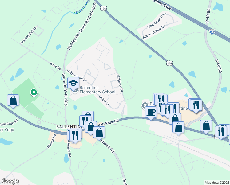 map of restaurants, bars, coffee shops, grocery stores, and more near 32 Mill Place Court in Irmo