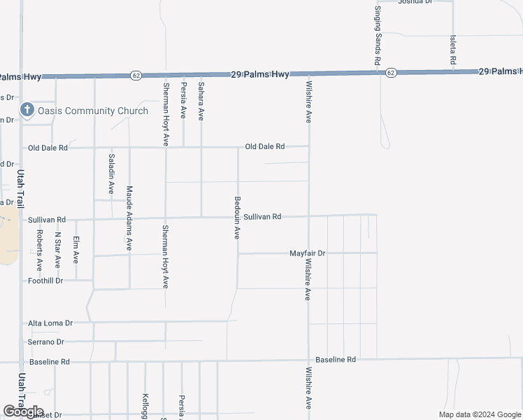 map of restaurants, bars, coffee shops, grocery stores, and more near Sullivan Road in Twentynine Palms
