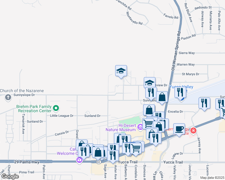 map of restaurants, bars, coffee shops, grocery stores, and more near 6845 Sage Avenue in Yucca Valley