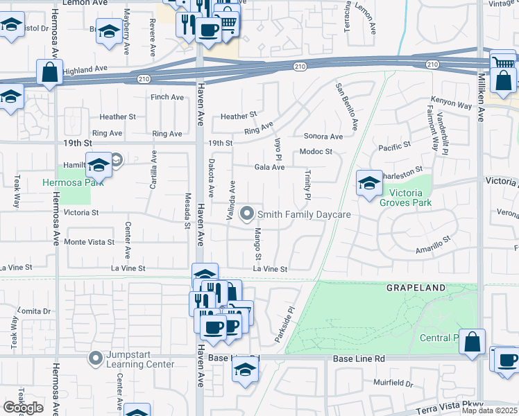 map of restaurants, bars, coffee shops, grocery stores, and more near 10681 Holly Street in Rancho Cucamonga