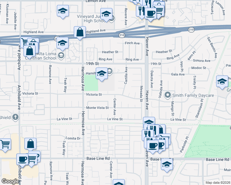 map of restaurants, bars, coffee shops, grocery stores, and more near 10312 Holly Street in Rancho Cucamonga