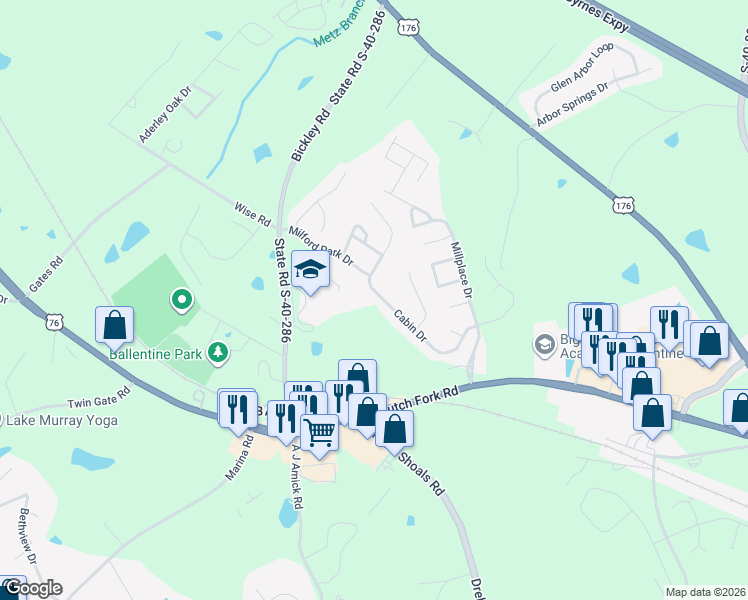 map of restaurants, bars, coffee shops, grocery stores, and more near 328 Cabin Drive in Irmo