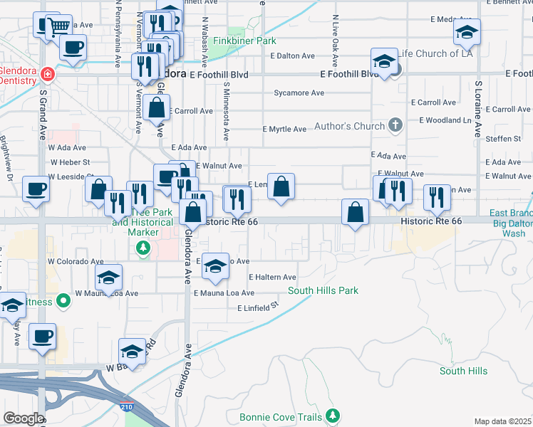 map of restaurants, bars, coffee shops, grocery stores, and more near 431 East Route 66 in Glendora