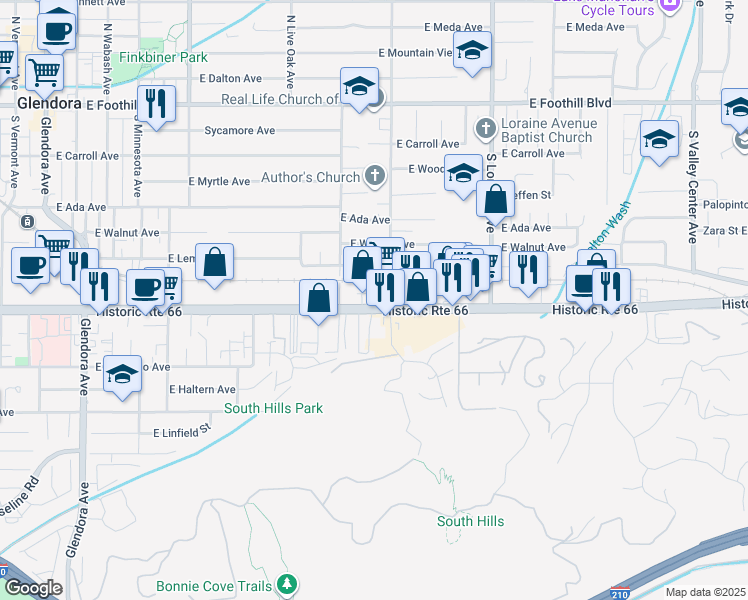 map of restaurants, bars, coffee shops, grocery stores, and more near 849 East Route 66 in Glendora