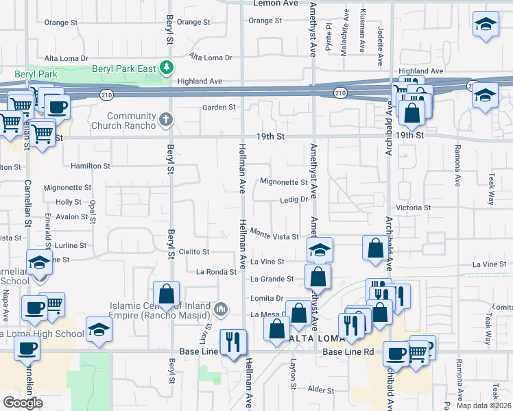 map of restaurants, bars, coffee shops, grocery stores, and more near 9348 Ledig Drive in Rancho Cucamonga