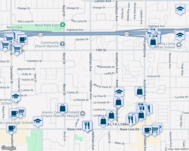 map of restaurants, bars, coffee shops, grocery stores, and more near 9348 Ledig Drive in Rancho Cucamonga